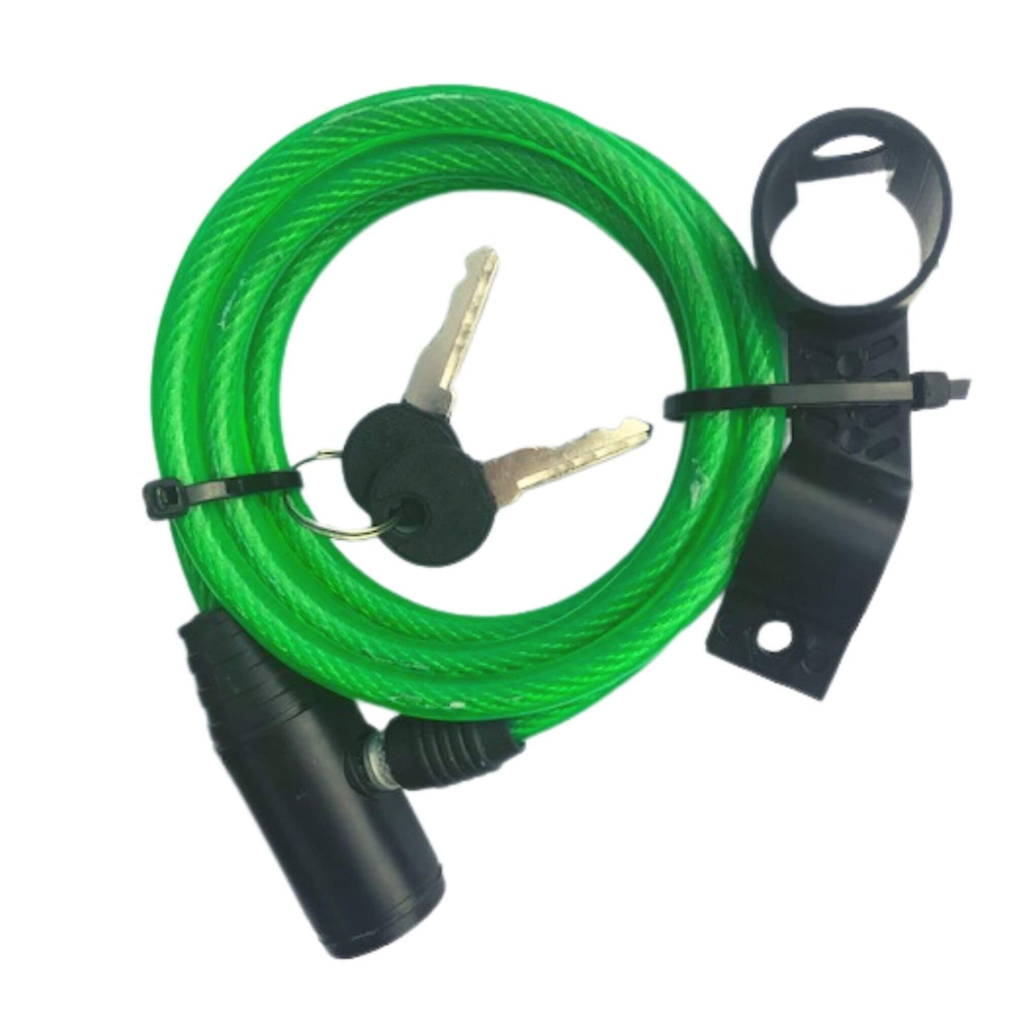 Coiled bicycle lock with key.